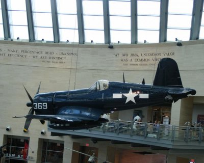 Hanging in the central gallery is a Corsair fighter like those flown in the renowned Black Sheep Squadron of World War II.
Image: StudyHall.Rocks.